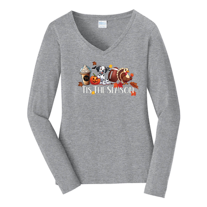 Dalmatian Tis The Season Fall Port & Company® Ladies Long Sleeve Fan Favorite™ V-Neck Tee LPC450VLS - WagALotBowWow