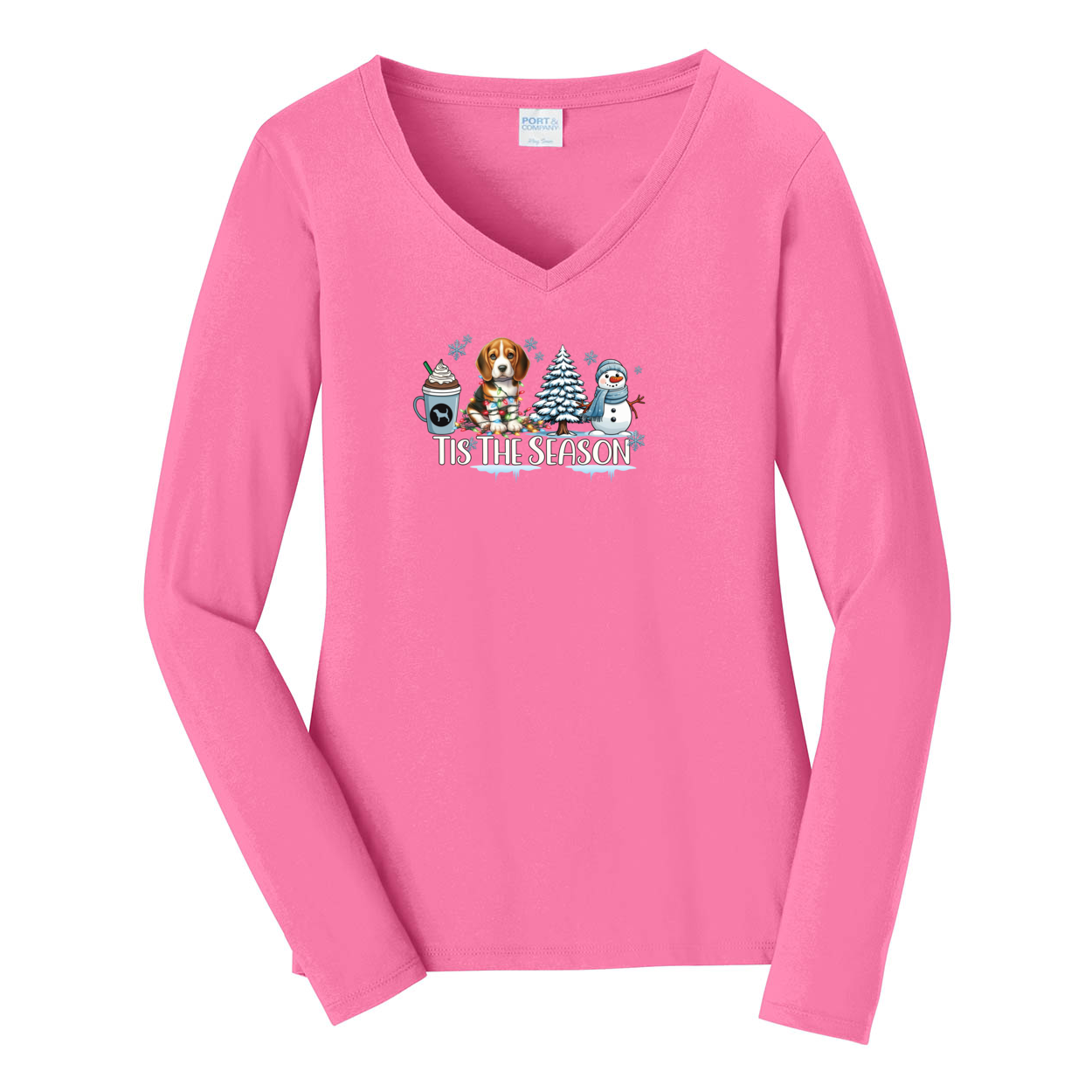 Beagle Tis The Season Winter Port & Company® Ladies Long Sleeve Fan Favorite™ V-Neck Tee LPC450VLS - WagALotBowWow
