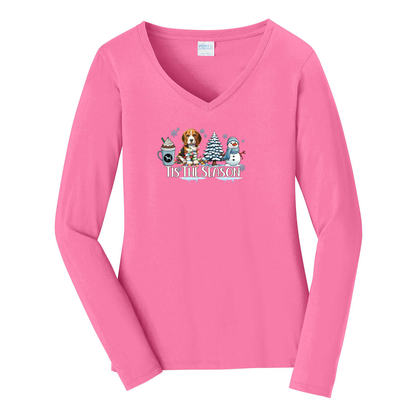 Beagle Tis The Season Winter Port & Company® Ladies Long Sleeve Fan Favorite™ V-Neck Tee LPC450VLS - WagALotBowWow