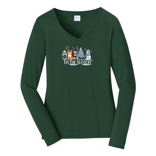 Shiba Inu Tis The Season Winter Port & Company® Ladies Long Sleeve Fan Favorite™ V-Neck Tee LPC450VLS - WagALotBowWow