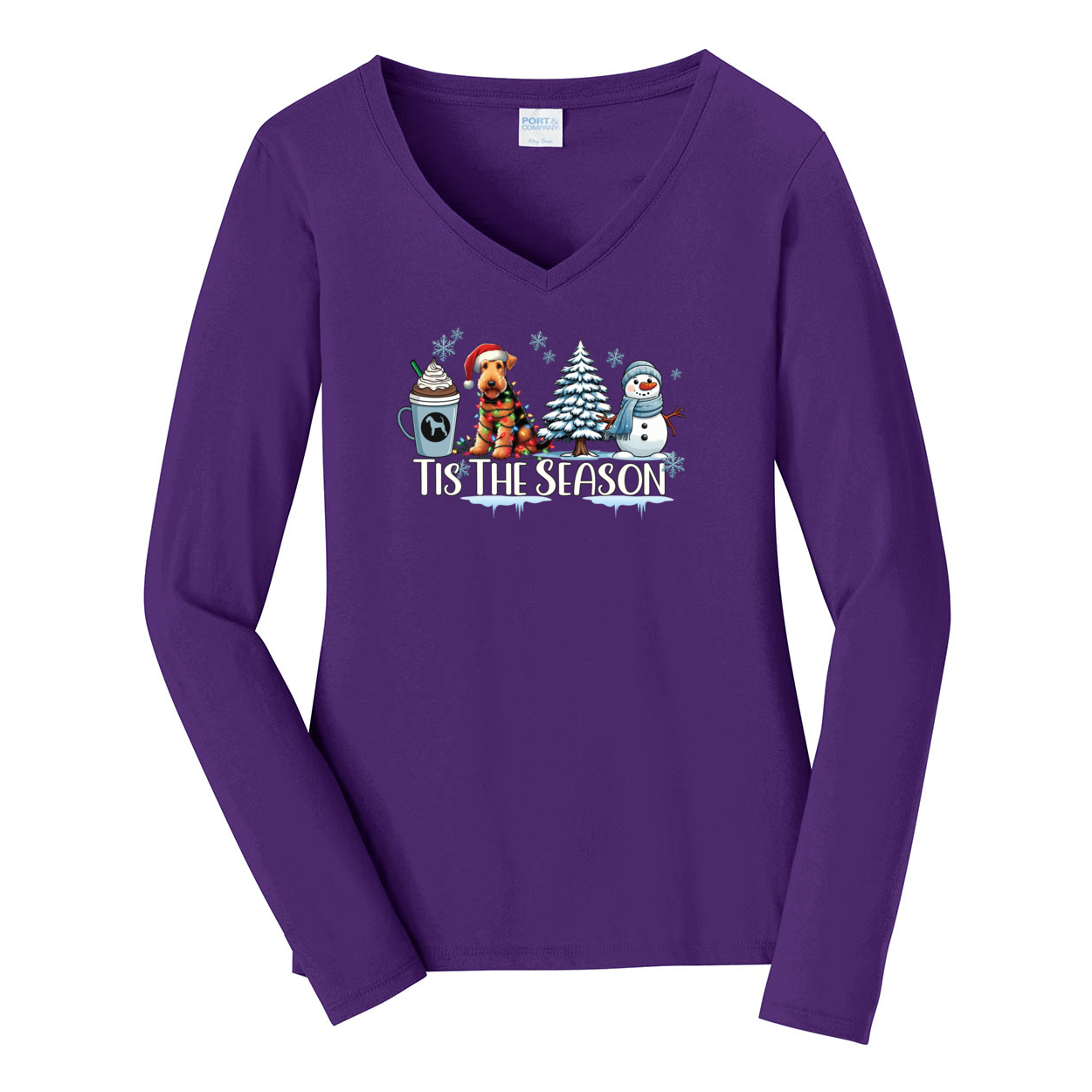 Airedale Terrier Tis The Season Winter Port & Company® Ladies Long Sleeve Fan Favorite™ V-Neck Tee LPC450VLS - WagALotBowWow