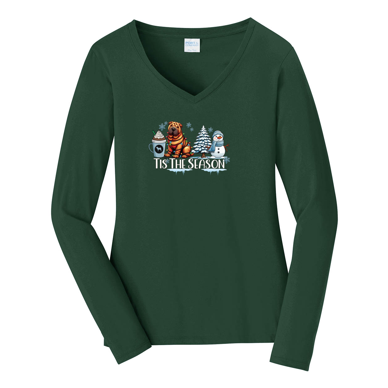 Chinese Shar-Pei Tis The Season Winter Port & Company® Ladies Long Sleeve Fan Favorite™ V-Neck Tee LPC450VLS - WagALotBowWow