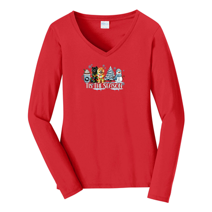 Chow Chow Tis The Season Winter Port & Company® Ladies Long Sleeve Fan Favorite™ V-Neck Tee LPC450VLS - WagALotBowWow