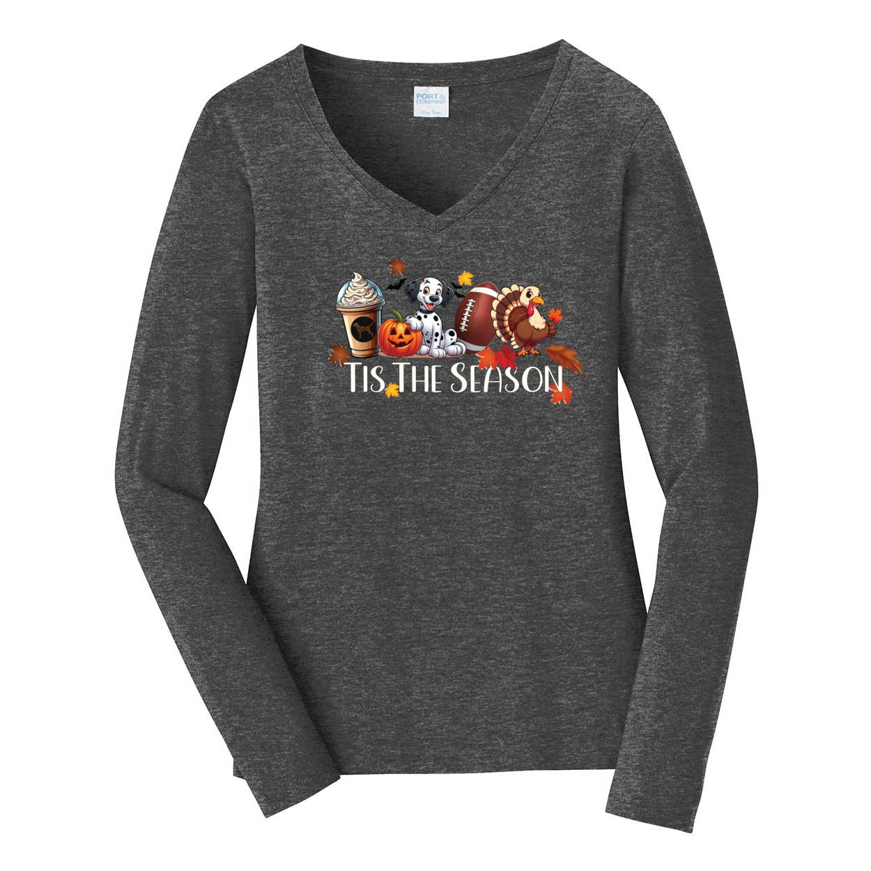 Dalmatian Tis The Season Fall Port & Company® Ladies Long Sleeve Fan Favorite™ V-Neck Tee LPC450VLS - WagALotBowWow