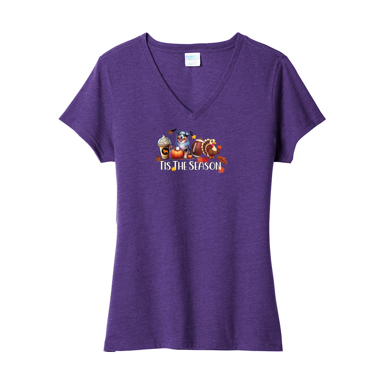 Blue Merle Aussie Tis The Season Fall V-Neck Tee SS - WagALotBowWow