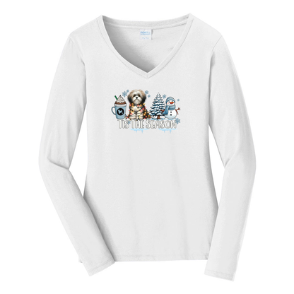 Lowchen Tis The Season Winter Port & Company® Ladies Long Sleeve Fan Favorite™ V-Neck Tee LPC450VLS - WagALotBowWow