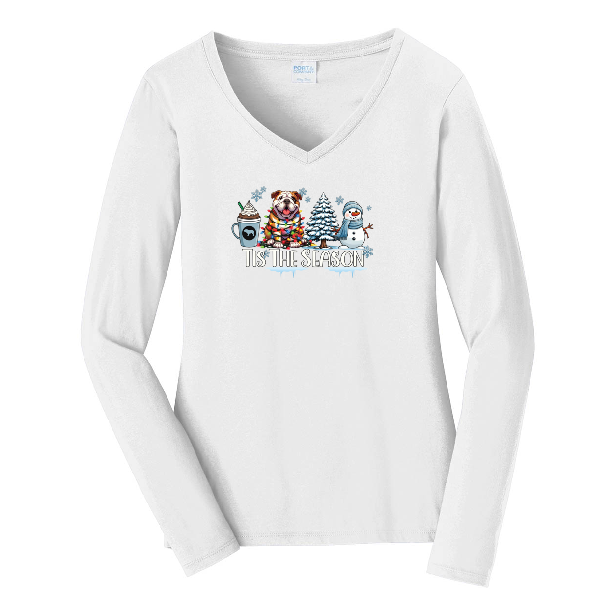 BullDog Tis The Season Winter Port & Company® Ladies Long Sleeve Fan Favorite™ V-Neck Tee LPC450VLS - WagALotBowWow