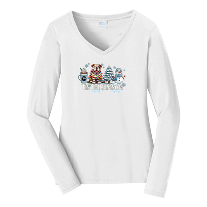BullDog Tis The Season Winter Port & Company® Ladies Long Sleeve Fan Favorite™ V-Neck Tee LPC450VLS - WagALotBowWow