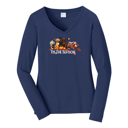 Labrador Tis The Season Turkey Port & Company® Ladies Long Sleeve Fan Favorite™ V-Neck Tee LPC450VLS - WagALotBowWow