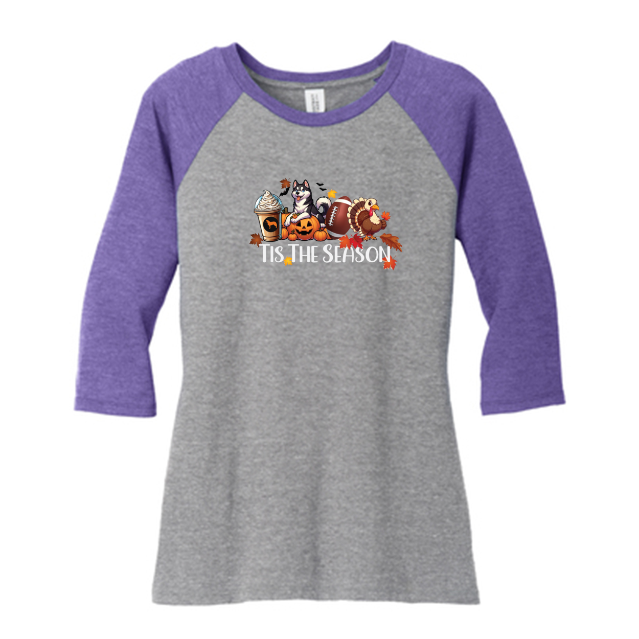 Tis The Season Fall Husky DM136L District ® Women’s Perfect Tri 3/4-Sleeve Raglan - WagALotBowWow