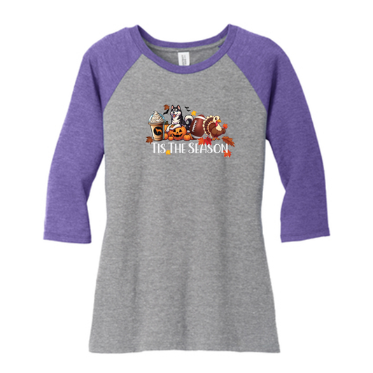 Tis The Season Fall Husky DM136L District ® Women’s Perfect Tri 3/4-Sleeve Raglan - WagALotBowWow