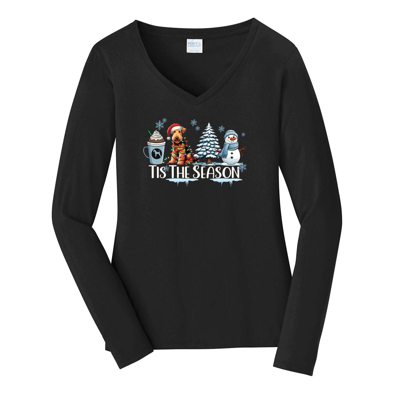 Airedale Terrier Tis The Season Winter Port & Company® Ladies Long Sleeve Fan Favorite™ V-Neck Tee LPC450VLS - WagALotBowWow