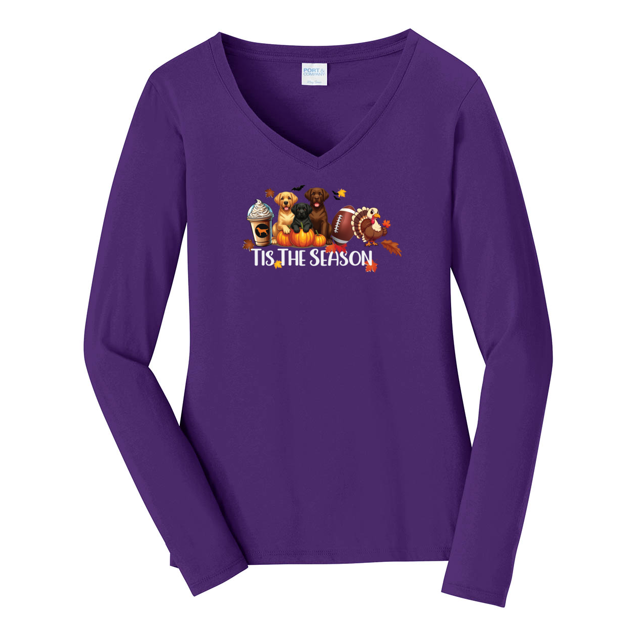 Labrador Tis The Season Turkey Port & Company® Ladies Long Sleeve Fan Favorite™ V-Neck Tee LPC450VLS - WagALotBowWow