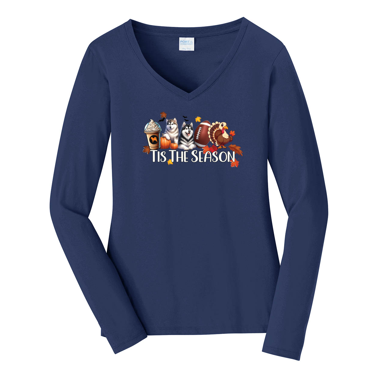 Alaskan Malamute Tis The Season Fall Port & Company® Ladies Long Sleeve Fan Favorite™ V-Neck Tee LPC450VLS - WagALotBowWow