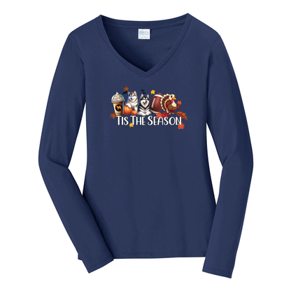 Alaskan Malamute Tis The Season Fall Port & Company® Ladies Long Sleeve Fan Favorite™ V-Neck Tee LPC450VLS - WagALotBowWow