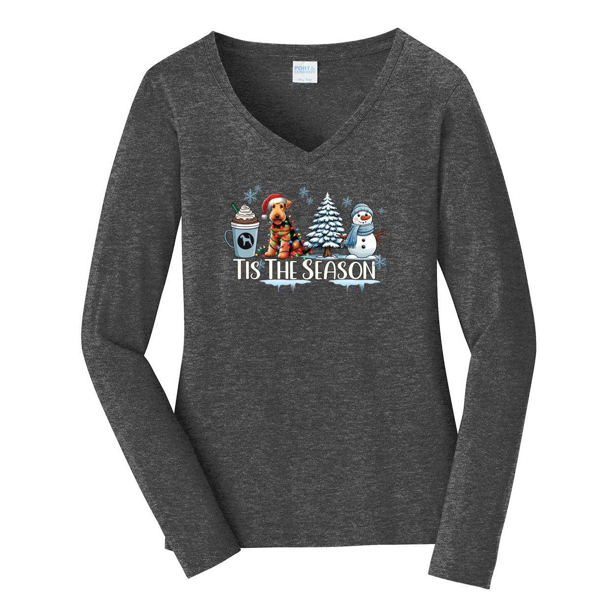 Airedale Terrier Tis The Season Winter Port & Company® Ladies Long Sleeve Fan Favorite™ V-Neck Tee LPC450VLS - WagALotBowWow