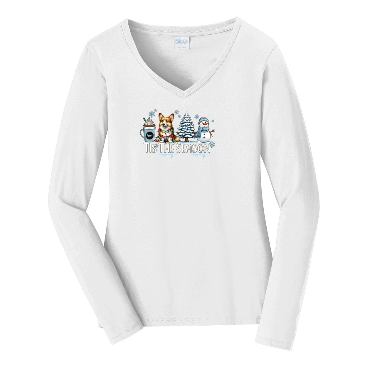 Cardigan Corgi Tis The Season Winter Port & Company® Ladies Long Sleeve Fan Favorite™ V-Neck Tee LPC450VLS - WagALotBowWow