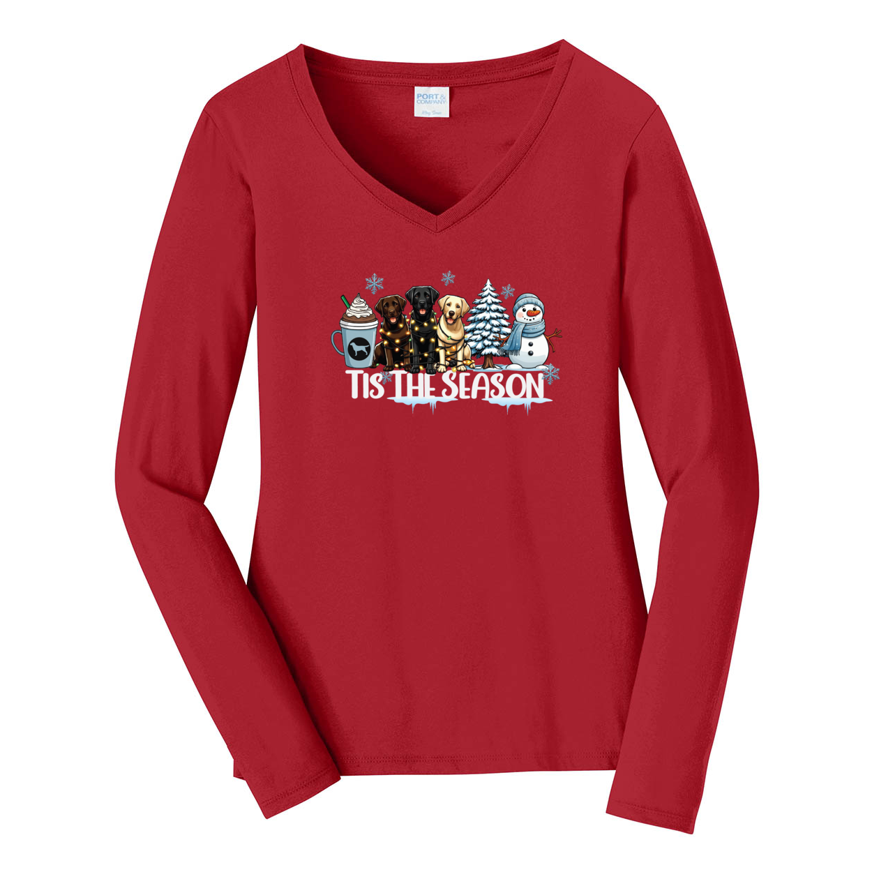 Labrador Tis The Season Winter Port & Company® Ladies Long Sleeve Fan Favorite™ V-Neck Tee LPC450VLS - WagALotBowWow
