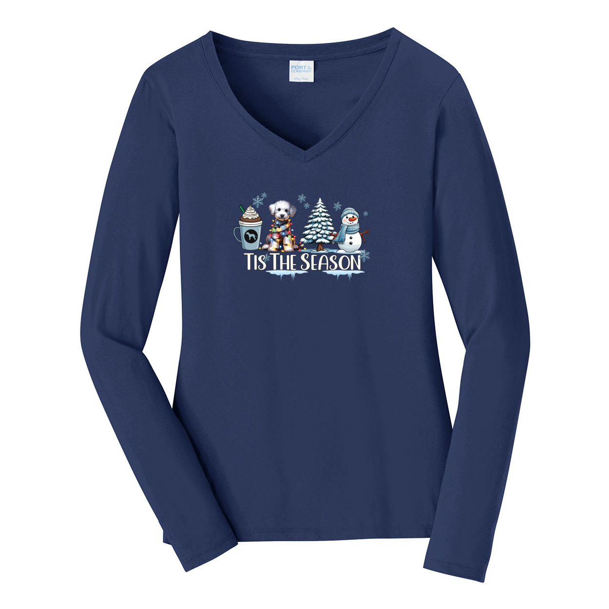 Bedlington Terrier Tis The Season Winter Port & Company® Ladies Long Sleeve Fan Favorite™ V-Neck Tee LPC450VLS - WagALotBowWow