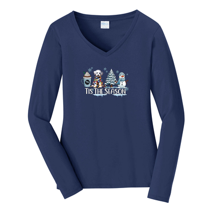 Bedlington Terrier Tis The Season Winter Port & Company® Ladies Long Sleeve Fan Favorite™ V-Neck Tee LPC450VLS - WagALotBowWow