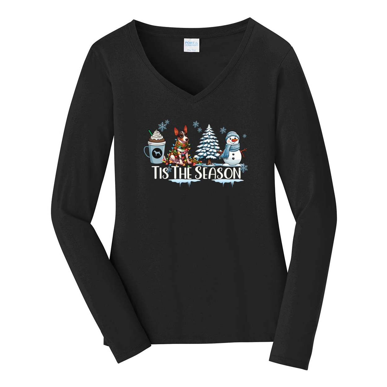 Rat Terrier Tis The Season Winter Port & Company® Ladies Long Sleeve Fan Favorite™ V-Neck Tee LPC450VLS - WagALotBowWow