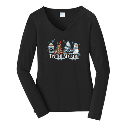 Rat Terrier Tis The Season Winter Port & Company® Ladies Long Sleeve Fan Favorite™ V-Neck Tee LPC450VLS - WagALotBowWow