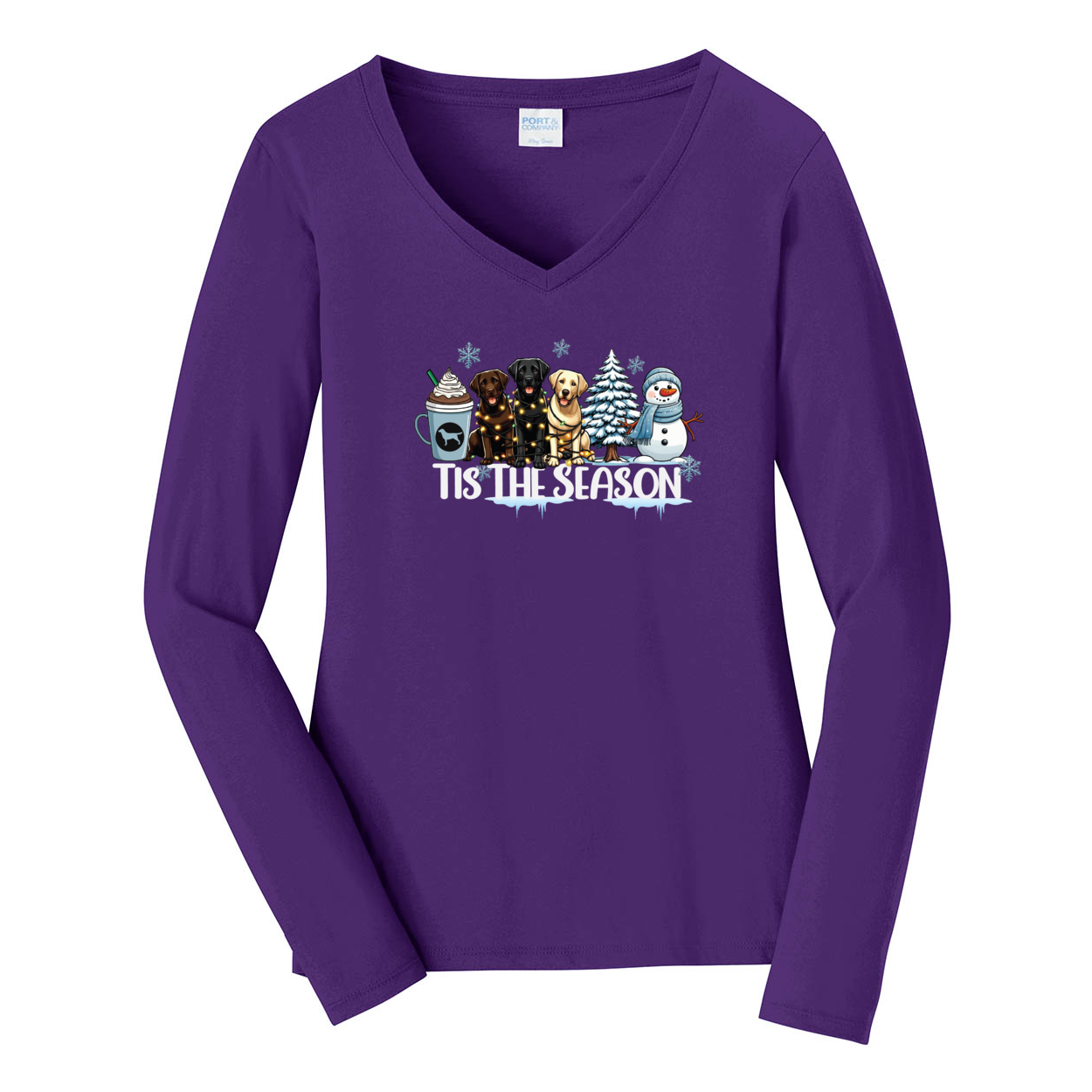 Labrador Tis The Season Winter Port & Company® Ladies Long Sleeve Fan Favorite™ V-Neck Tee LPC450VLS - WagALotBowWow