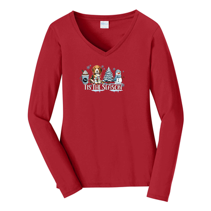 Beagle Tis The Season Winter Port & Company® Ladies Long Sleeve Fan Favorite™ V-Neck Tee LPC450VLS - WagALotBowWow