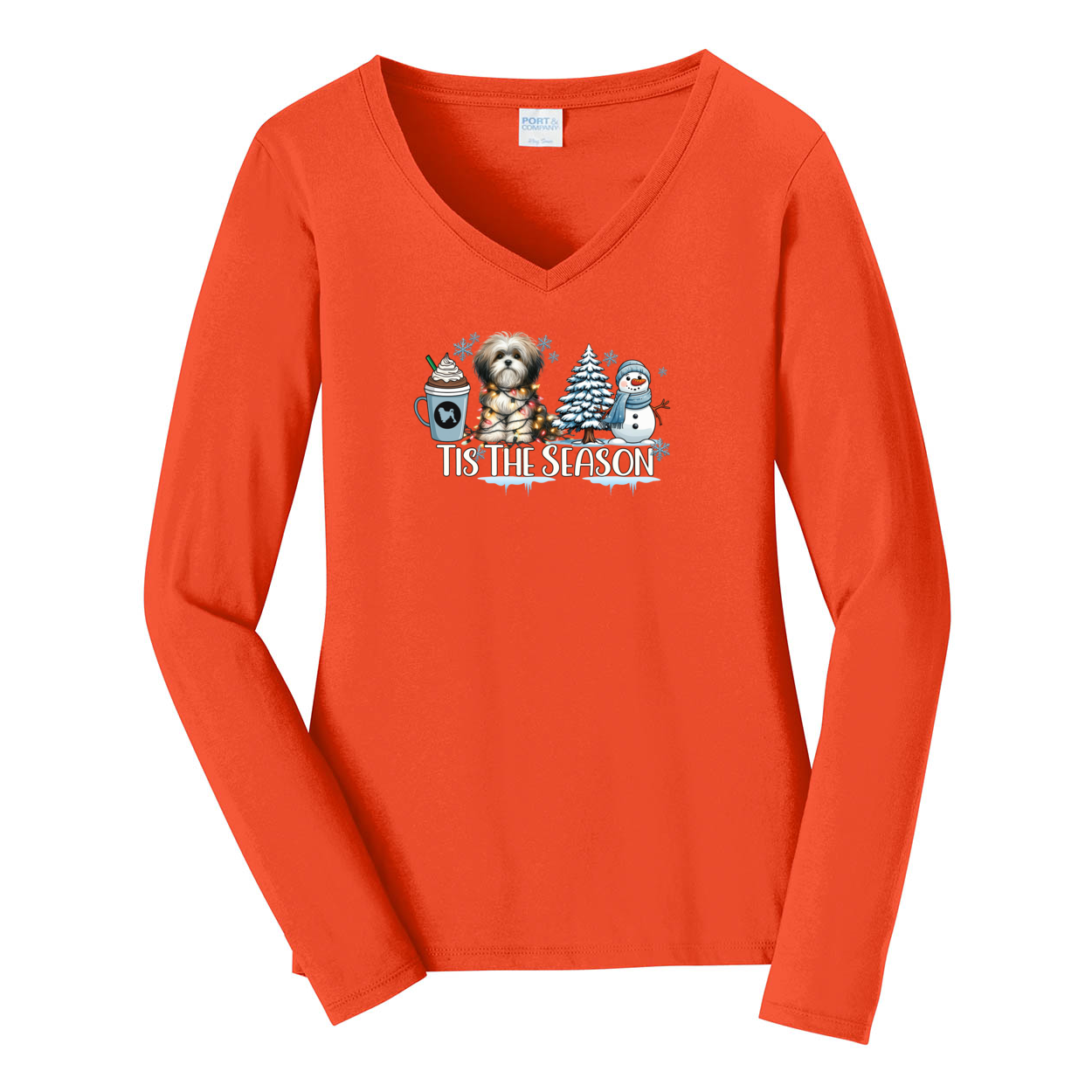 Lowchen Tis The Season Winter Port & Company® Ladies Long Sleeve Fan Favorite™ V-Neck Tee LPC450VLS - WagALotBowWow