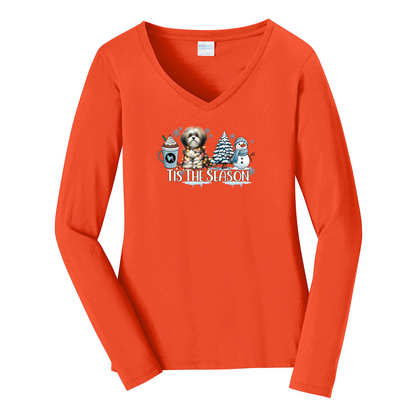 Lowchen Tis The Season Winter Port & Company® Ladies Long Sleeve Fan Favorite™ V-Neck Tee LPC450VLS - WagALotBowWow