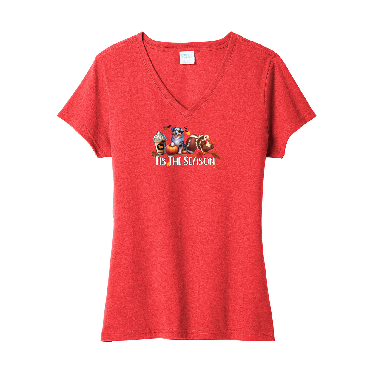 Blue Merle Aussie Tis The Season Fall V-Neck Tee SS - WagALotBowWow