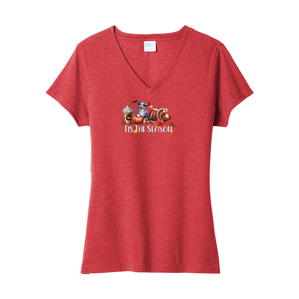 Blue Merle Aussie Tis The Season Fall V-Neck Tee SS - WagALotBowWow