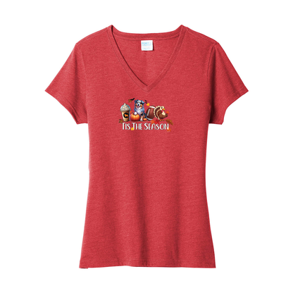 Blue Merle Aussie Tis The Season Fall V-Neck Tee SS - WagALotBowWow