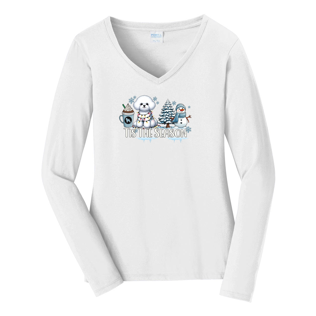 Bichon Frisé Tis The Season Winter Port & Company® Ladies Long Sleeve Fan Favorite™ V-Neck Tee LPC450VLS - WagALotBowWow