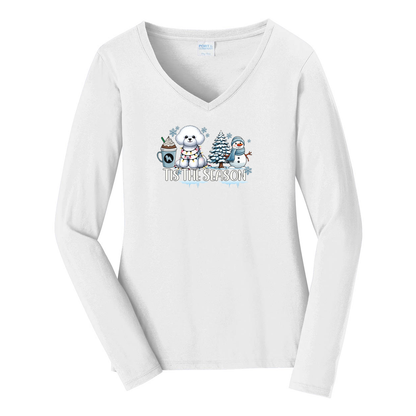Bichon Frisé Tis The Season Winter Port & Company® Ladies Long Sleeve Fan Favorite™ V-Neck Tee LPC450VLS - WagALotBowWow