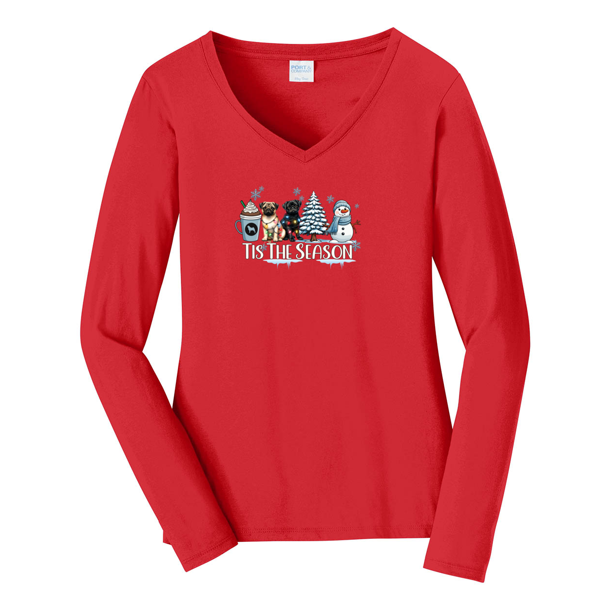 Pug Tis The Season Winter Ladies Long Sleeve Fan Favorite™ V-Neck Tee - WagALotBowWow