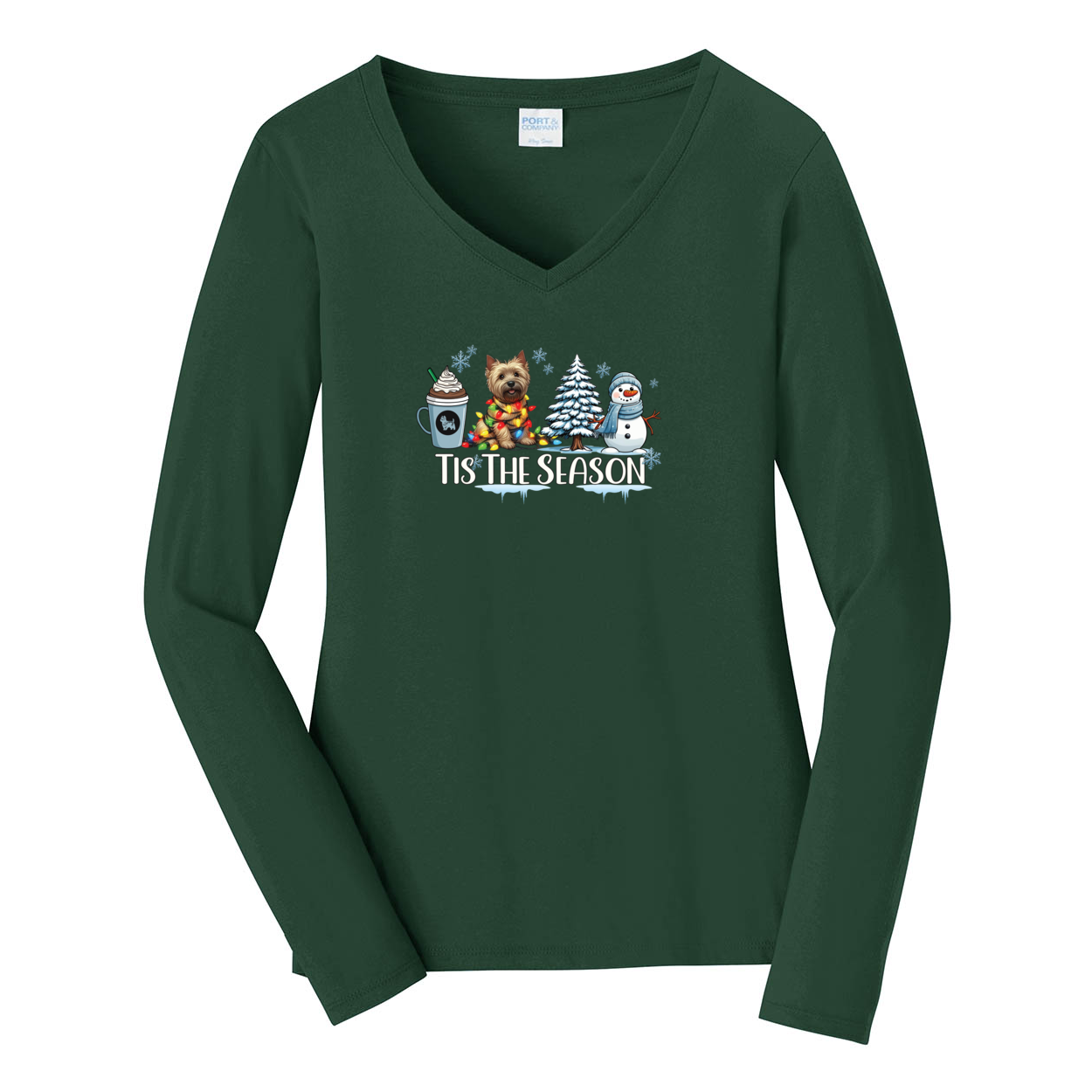 Cairn Terrier Tis The Season Winter Port & Company® Ladies Long Sleeve Fan Favorite™ V-Neck Tee LPC450VLS - WagALotBowWow