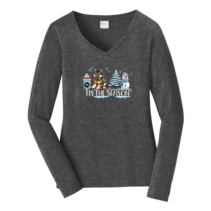 Norwegian Elkhound Tis The Season Winter Port & Company® Ladies Long Sleeve Fan Favorite™ V-Neck Tee LPC450VLS - WagALotBowWow
