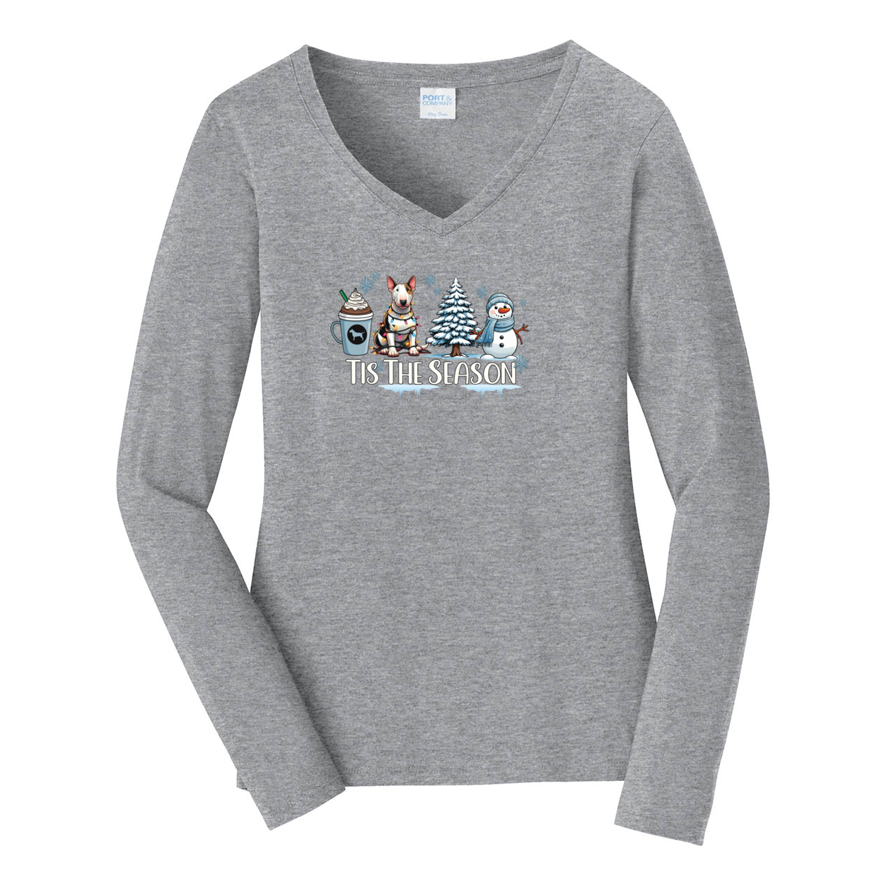 Bull Terrier Tis The Season Winter Port & Company® Ladies Long Sleeve Fan Favorite™ V-Neck Tee LPC450VLS - WagALotBowWow