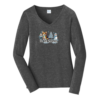 Pembroke Welsh Corgi Tis The Season Winter Port & Company® Ladies Long Sleeve Fan Favorite™ V-Neck Tee LPC450VLS - WagALotBowWow