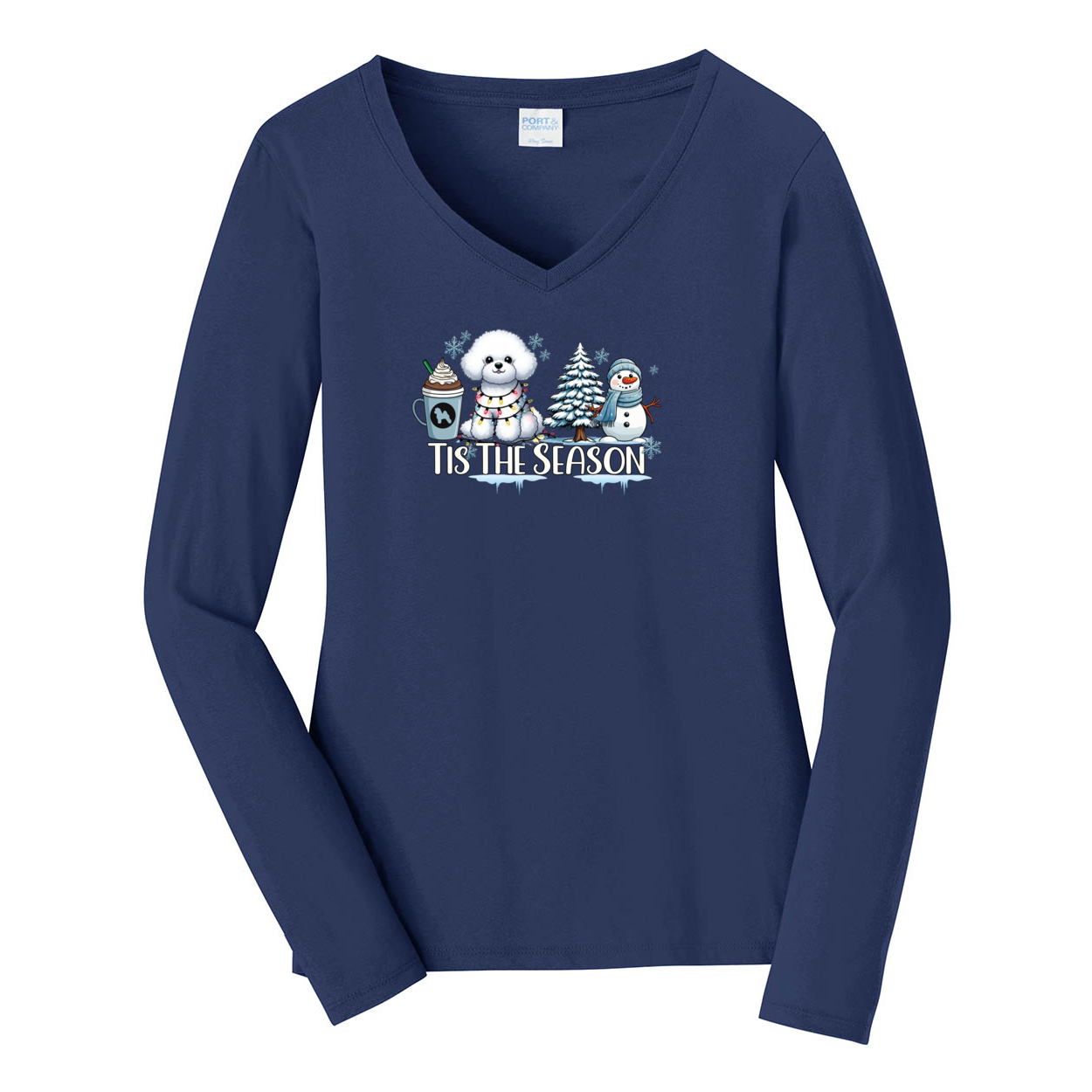 Bichon Frisé Tis The Season Winter Port & Company® Ladies Long Sleeve Fan Favorite™ V-Neck Tee LPC450VLS - WagALotBowWow