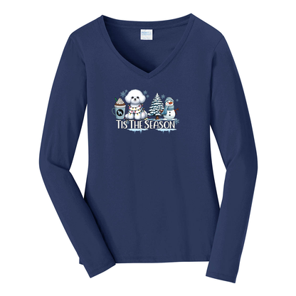 Bichon Frisé Tis The Season Winter Port & Company® Ladies Long Sleeve Fan Favorite™ V-Neck Tee LPC450VLS - WagALotBowWow