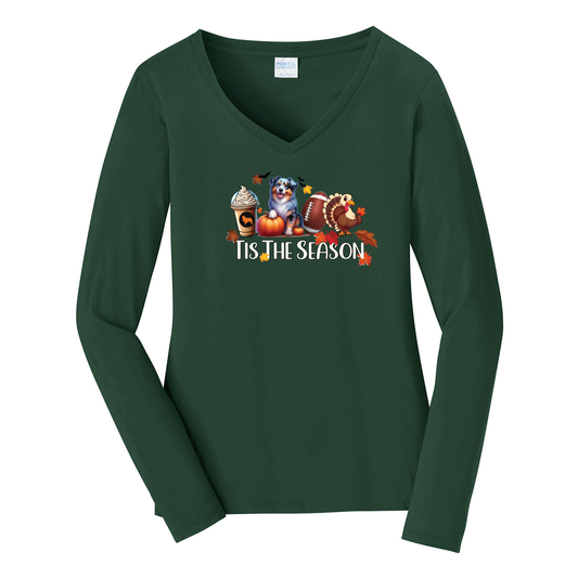Blue Merle Australian Shepherd Tis The Season Fall V-Neck Long Sleeve - WagALotBowWow