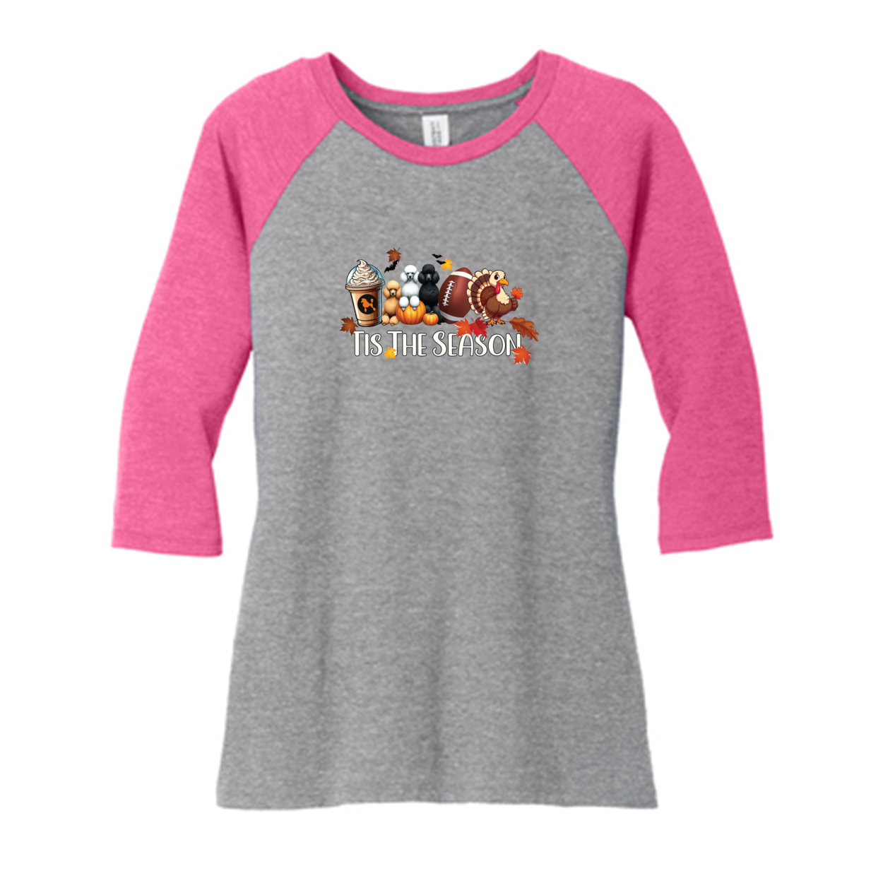 Poodle Tis The Season Fall DM136L District ® Women’s Perfect Tri ® 3/4-Sleeve Raglan - WagALotBowWow