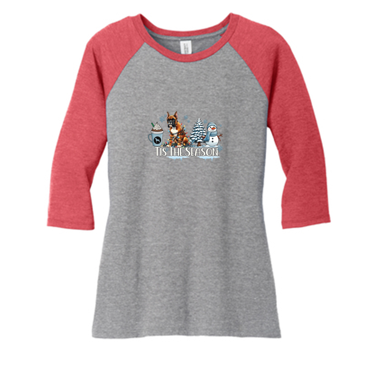Boxer Tis The Season Winter DM136L District ® Women’s Perfect Tri ® 3/4-Sleeve Raglan - WagALotBowWow