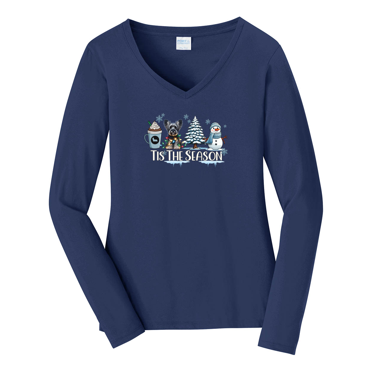 Skye Terrier Tis The Season Winter Port & Company® Ladies Long Sleeve Fan Favorite™ V-Neck Tee LPC450VLS - WagALotBowWow