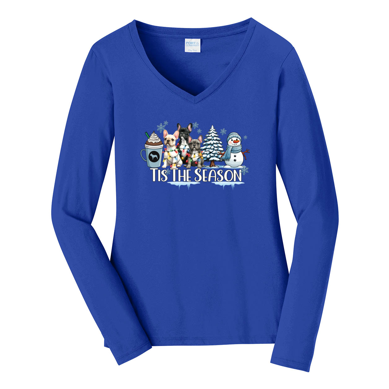 French Bulldog Tis The Season Winter Port & Company® Ladies Long Sleeve Fan Favorite™ V-Neck Tee LPC450VLS - WagALotBowWow