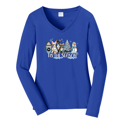 French Bulldog Tis The Season Winter Port & Company® Ladies Long Sleeve Fan Favorite™ V-Neck Tee LPC450VLS - WagALotBowWow