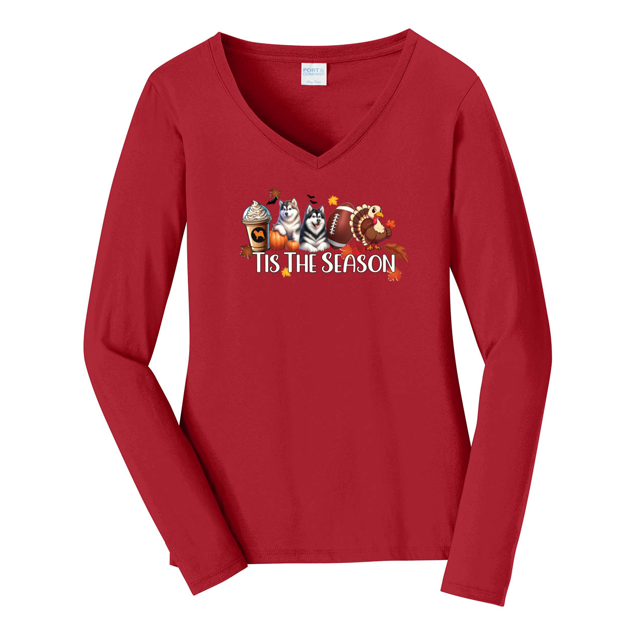 Alaskan Malamute Tis The Season Fall Port & Company® Ladies Long Sleeve Fan Favorite™ V-Neck Tee LPC450VLS - WagALotBowWow
