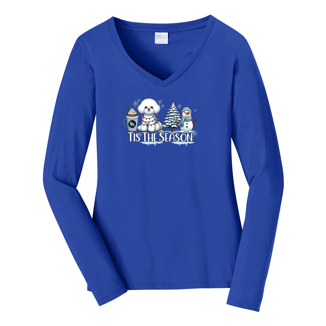 Bichon Frisé Tis The Season Winter Port & Company® Ladies Long Sleeve Fan Favorite™ V-Neck Tee LPC450VLS - WagALotBowWow